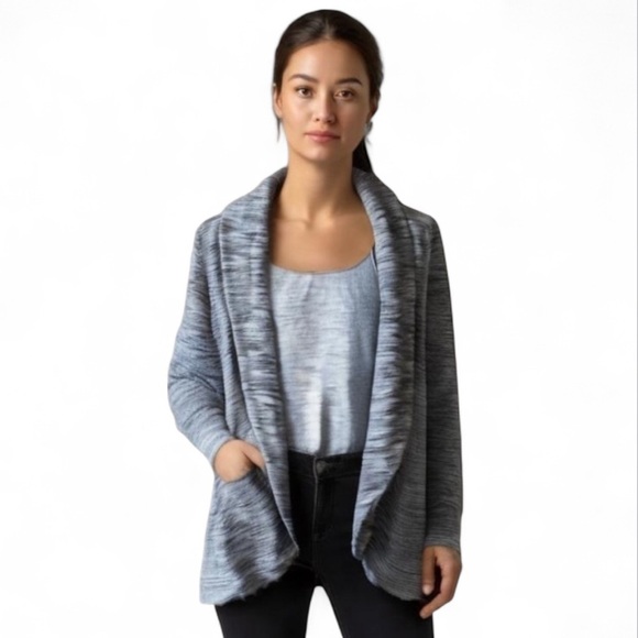Lucky Lotus by Lucky Brand Collared Terry Cloth Long Cardigan Black White Small - Picture 1 of 11